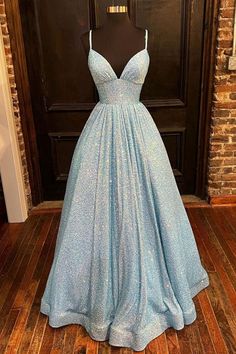 Blue Sequins V Neck Long Prom Dresses, V Neck Blue Formal Graduation E – Lwt Dress Formal Evening Dresses Long, Light Blue Prom, Light Blue Prom Dress, Blue Prom Dress, A Line Evening Dress, Prom Dresses With Pockets, Stunning Prom Dresses, Spaghetti Strap Prom Dress, Sequin Formal Dress