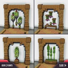 four different views of an outdoor area with plants and flowers on the wall, in 4 different stages