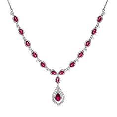 Sterling silver drop necklace with one 7x5 millimeter pear shaped lab created ruby, three 5x3 millimeter pear shaped lab created rubies, ten 5x3 millimeter oval lab created rubies, and two-hundred ninety-eight round lab created white sapphires measuring 0.8-1.5 millimeters | Lab Created Ruby & Lab Created White Sapphire Drop Pendant Necklace | Sterling Silver | Size 17" | Helzberg Diamonds Formal Pear-shaped Ruby Necklace, Formal Ruby Teardrop Pendant Jewelry, Formal Pear-shaped Ruby Jewelry, Fine Jewelry Ruby Teardrop Pendant Necklace, Fine Jewelry Ruby Drop Necklace, Fine Jewelry Ruby Drop Necklaces, Formal Ruby Drop Necklace, Classic Pear-shaped Ruby Jewelry, Formal Drop Ruby Necklaces