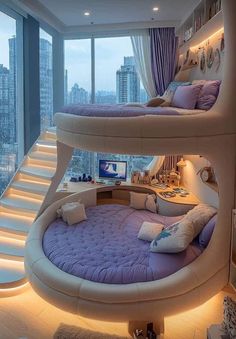 two bunk beds are in the middle of a room with large windows and city view