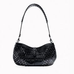 This Edgy Studded Bag Is Great For Nights Out.. Nwt Evening Hobo Shoulder Bag With Gunmetal Hardware, Edgy Black Bag With Silver-tone Hardware, Edgy Black Bags With Silver-tone Hardware, Zara Leather Shoulder Bag For Errands, Zara Evening Shoulder Bag With Adjustable Strap, Zara Trendy Shoulder Bag For Evening, Trendy Zara Shoulder Bag For Evening, Black Hobo Bag With Metal Hardware For Evening, Edgy Evening Shoulder Bag With Silver-tone Hardware