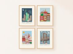 four framed art prints depicting the new york city skylines and famous landmarks are displayed on a white wall