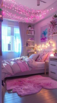 a bedroom with pink carpet and lights on the ceiling