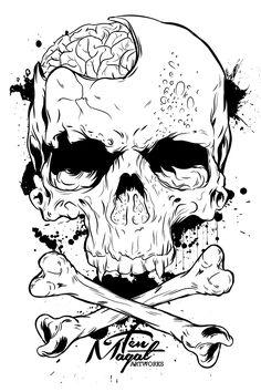 a skull and crossbones with ink splattered on it