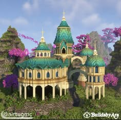 Moss Castle Minecraft, Fantasy Castle Minecraft Ideas, Elven Buildings Minecraft, Minecraft Elven City, Minecraft Elven Village, Circular Minecraft House, Minecraft Builds Castle, Minecraft Elven Castle