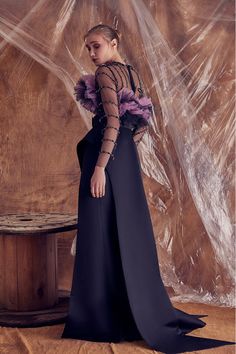 Description Black Column, Long dress Fitted, Long Sleeves Closed neckline Tulle, Beading Dry Clean Made in Lebanon SKU GA-5128 & GA-5123 Belted Skirt, Midi Dress Style, Leg Belt, Pleated Top, Long Train, Skirt Belt, Purple Fashion, Stunning Dresses, Mother Of The Bride