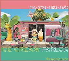 an advertisement for ice cream parlor with cartoon characters in front of the storefront and palm trees