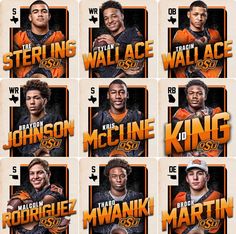 six different basketball cards with the names of each player and numbers on them, all in orange