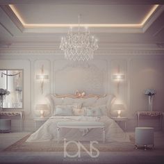 an elegant bedroom with chandelier and white furniture