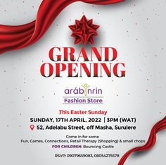 the grand opening poster for fashion store, with red satin drapes and stars on it