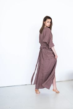 Linen Kimono Dress Dress With Belt and Pockets Flowy Linen - Etsy Long Dresses With Pockets For Daywear, Relaxed Fit Long Dress For Work, Relaxed Fit Long Dress For Daywear, Long Cotton Dress For Work, Tunic Dresses With Pockets For Daywear, Daywear Tunic Dresses With Pockets, Brown Summer Loungewear Dress, Brown Daywear Dress With Pockets, Long Brown Cotton Dress