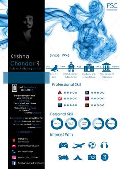 a blue and black resume is shown in this image, with icons on the front