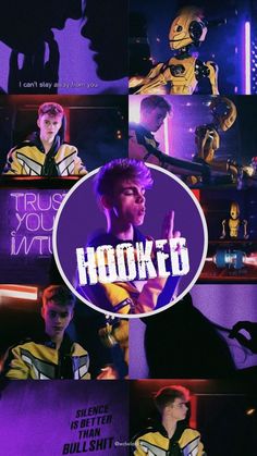 the poster for hooked is shown in purple and yellow colors with an image of a man wearing