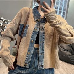 #ad Top Rated Womens Fashion Denim Stitching Turn Down Collar Loose Sweater Cardigan Coat , Fashion Women's Sweaters Casual Button-up Patchwork Cardigan, Casual Workwear Patchwork Cardigan, Casual Patchwork Cardigan For Work, Short Knitted Cardigan, Grey Denim Jacket, Black Outerwear, Casual Denim Jacket, Denim Fashion Women, Knitted Jacket