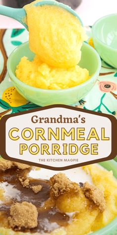 the cover of grandma's cornmeal porridge is shown with spoons