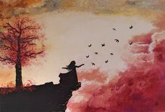 a painting of a woman standing on top of a cliff with birds flying around her