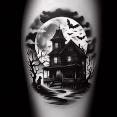 a black and white image of a house with bats on it's side, in front of a full moon