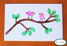 two birds sitting on a tree branch painted with watercolors and colored pencils