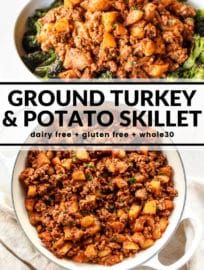 ground turkey and potato skillet with text overlay