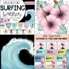 this is an image of a surfboard and flower scrapbook page with text that reads diy decor surfing banner, customize to your own font