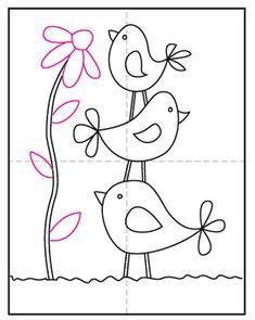 two birds are standing on top of each other in front of a tree with flowers