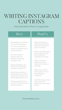 Writing instagram captions. Do's and Don't's from a copywriter. Do engage your audience with an interesting first line. Don't write boring, been-there-done-that captions that have no pop or character. Do write long-form captions that your audience has to stop scrolling to read. Don't write short, one or two line captions that don't need to be expanded to be read. Do put hashtags in the comments. Don't crowd your captions with the maximum number of hashtags. Instagram Content Ideas For Writers, Writing Instagram Captions, Ig Captions For Small Business, How To Write Instagram Captions, Captions For Business Posts, Do And Dont, Writer Instagram, Copywriting Inspiration