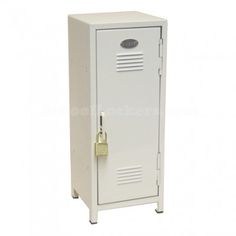 a white locker with a lock on the door