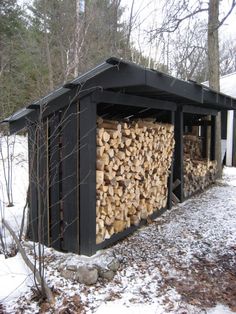 a building made out of logs in the snow