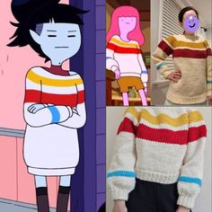 cartoon characters wearing sweaters in different colors