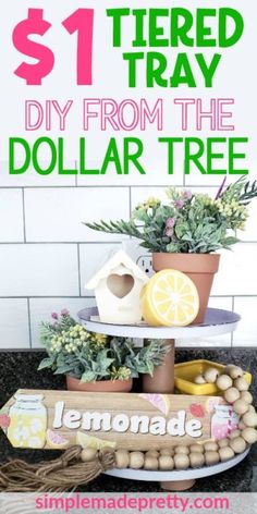 three tiered tray with lemons and other items on it, including an egg carton