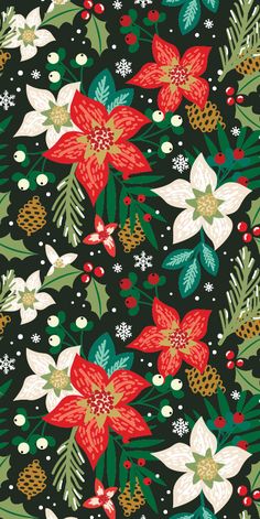 a christmas pattern with poins, holly and pine cones on a dark green background