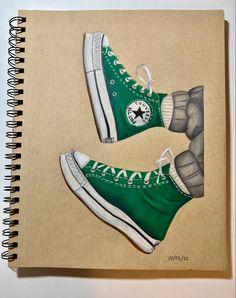 a drawing of two green shoes with white laces on them and the bottom one is drawn in pencil