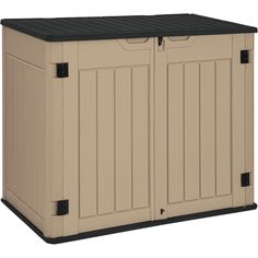 an outdoor storage shed with two doors