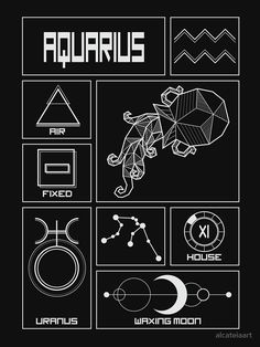 an image of zodiac signs and symbols on a black background with white text that reads aquarius