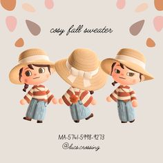 three cartoon characters wearing hats and scarves with the caption cozy fall sweaters