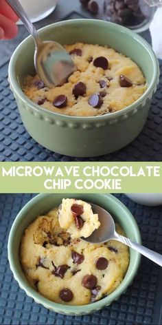 two pictures of microwave chocolate chip cookies in green bowls with spoons and one has a bite taken out of it