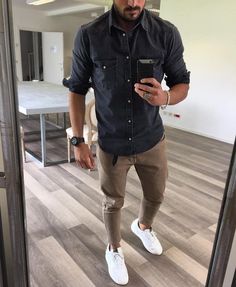 Denim shirt and brown jeans by @vincenzoragnacci [ http://ift.tt/1f8LY65 ] Denim Shirt Outfit, Brown Chinos, Brown Jeans, Summer Style Casual, Sneakers Outfit, Casual Summer Outfit