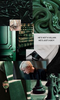 a collage of green and black images with text that reads, he's not a villain he's just a boy