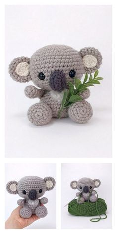 crocheted stuffed koala bear holding a plant in it's mouth and another photo of the same item