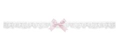 a white lace garter with a pink bow on the front and side, along with a light pink ribbon