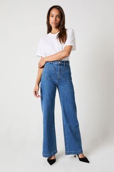 Buy Sailor Jean Long - Ashley Blue Online | Rollas Jeans Rollas Jeans, Lily Blue, Sailor Jean, Pocket Stitching, Sailor Style, Sailor Fashion, The Sailor, Cute Preppy Outfits, Long Jeans