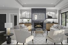 Great room with gray sectionals, patterned wingback chairs, a glass-top coffee table, and a TV mounted above the fireplace.