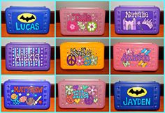 six plastic lunch boxes with the names of different countries and designs on them, all decorated in bright colors