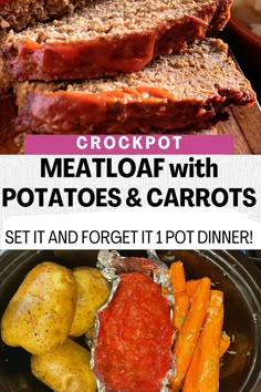 This delicious recipe for Crockpot Meatloaf is one of the simplest ways to cook a full dinner of meatloaf, potatoes and carrots. It's a set it and forget it slow cooker meal with minimal preparation and clean up. Enjoy this comforting family-friendly dinner on busy nights and lazy weekends. Crockpot Meatloaf With Potatoes And Carrots, Meatloaf Crockpot Recipes, Meatloaf Crockpot, Crockpot Meat