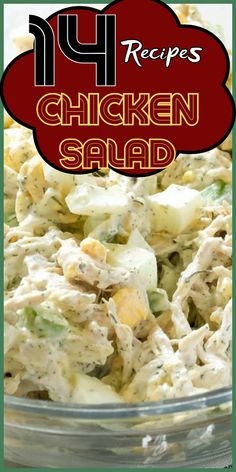 chicken salad in a glass bowl with text overlay