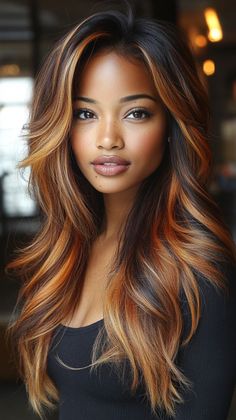 Winter Hair Color Ideas For Black Women, Dark Reddish Brown Hair With Highlights, Brown Hair With Blonde And Red Highlight, Dark Hair With Copper Highlights, Black Hair With Copper Highlights, Fall Hair Colors For Black Women, Ombre Hair Black Women, Brunettes With Brown Eyes, Copper Hair Ideas