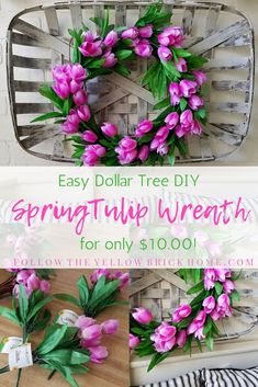 the dollar tree diy spring tulip wreath for only $ 10 00 is on display