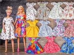 barbie doll clothes and accessories are shown in different colors, sizes and styles for dolls