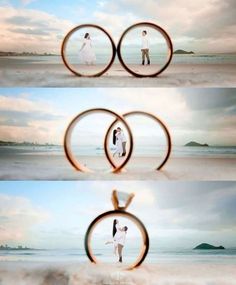 two people are standing on the beach with their wedding rings in front of them