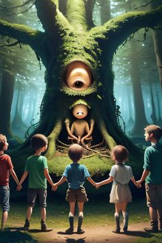 four children holding hands in front of a tree with an image of a frog on it